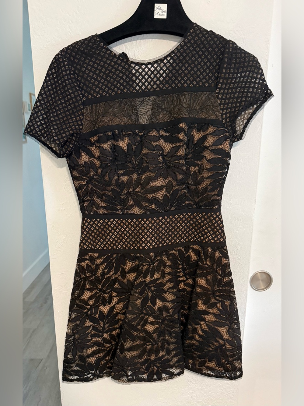 Saks BCBGMaxAzria Black Lace Mini Dress with Nude Underlay